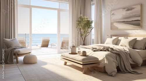 A bedroom with a beachy, coastal vibe, featuring seashell decor, light, breezy curtains, and a sandy color palette