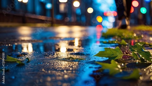 A wet city street at night with traffic lights and leaves on the ground.