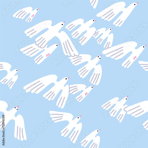 Seamless pattern, birds flock flying. White doves in sky, endless background. Repeating print, winged pigeons in flight, freedom. Printable repeatable flat vector illustration for fabric design