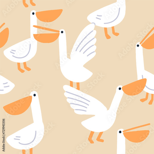 Pelicans pattern. Seamless endless background, cute funny tropical birds. Rep...