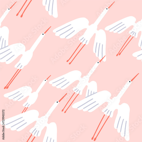 Seamless birds pattern design. Cranes, white feathered herons flock flying. E...