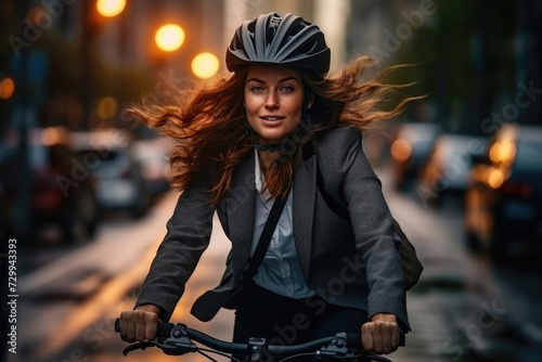 Happy businesswoman riding a bicycle while going to work photo