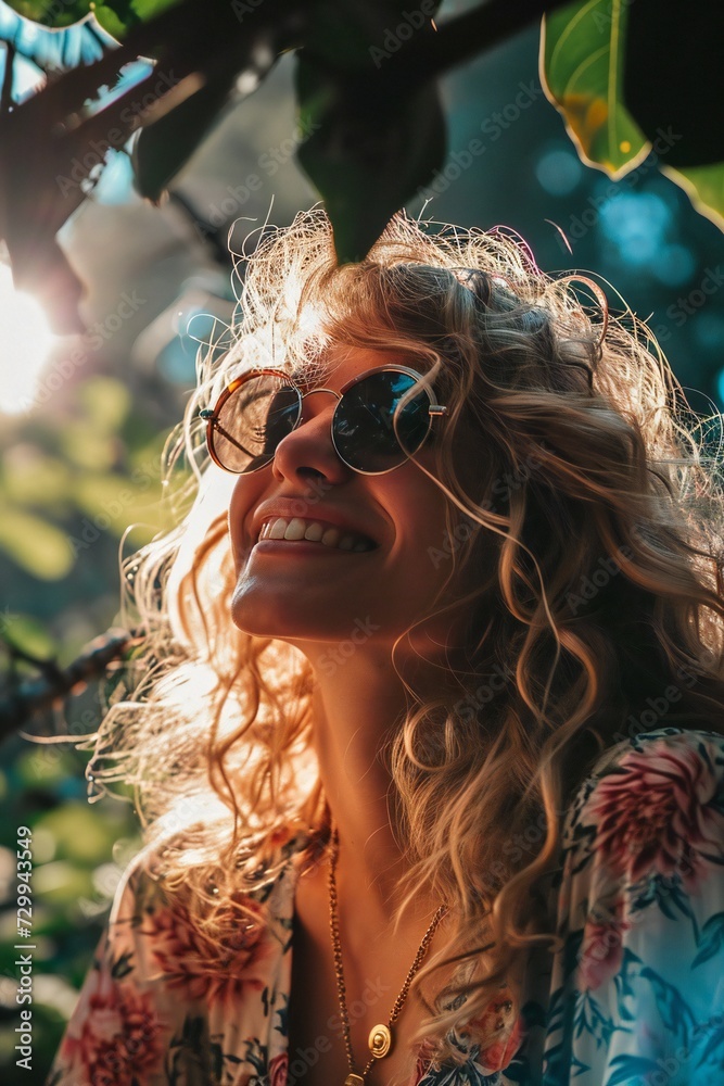 Portrait of a happy fair-haired woman in sunglasses. Vertical orientation Portrait of a happy fair-haired woman in sunglasses. Vertical orientation