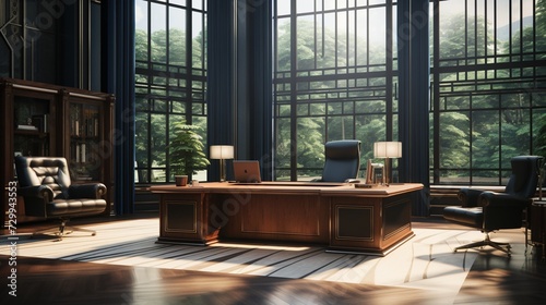 A CEO's office features a grand wooden table and leather executive chair, exuding authority and sophistication for an character