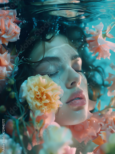 Woman With Flowers in Hair Underwater © DCoDesign