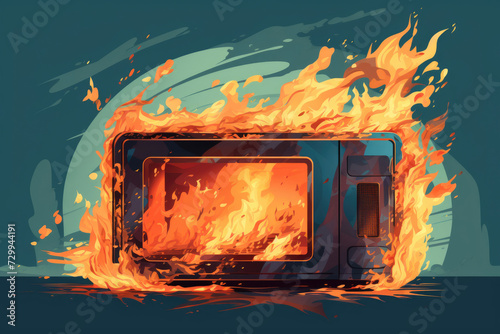 Broken burning microwave oven with fire and smoke in drawing style photo