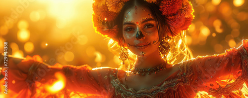 A portrait of a woman adorned with vibrant Day of the Dead makeup and a floral headdress, symbolizing Mexican culture