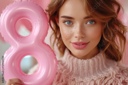 Blonde woman with captivating blue eyes holds a large pink number eight, against a backdrop of heart-shaped balloons. Women's Day photo