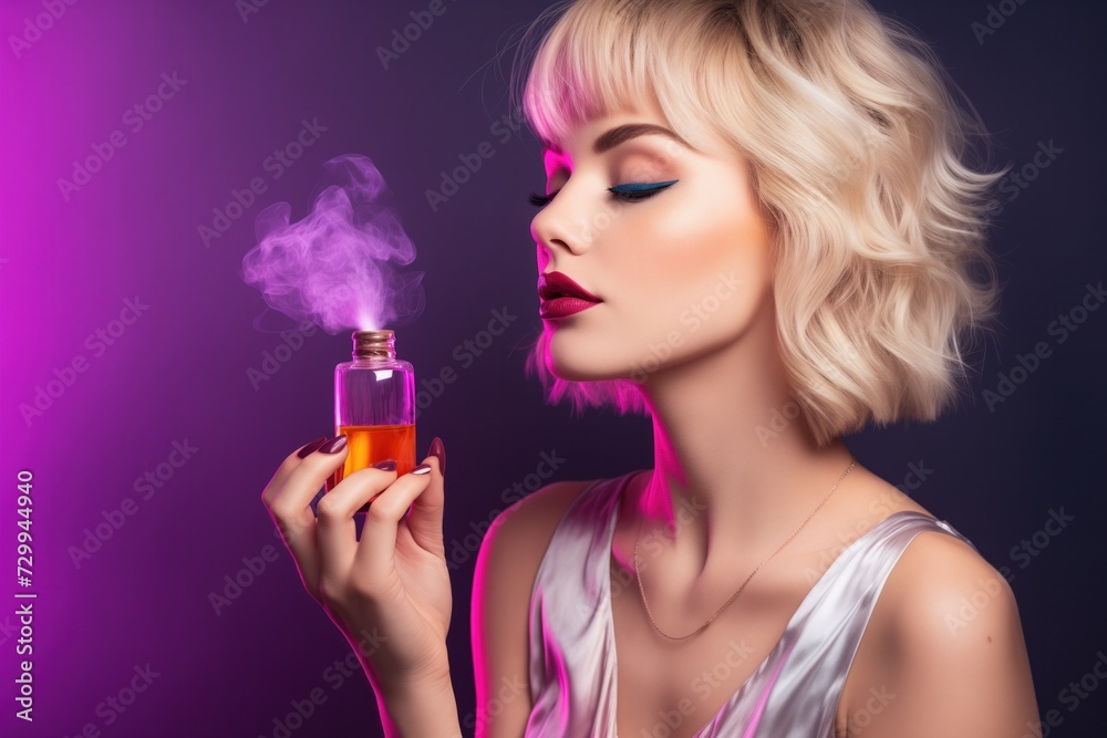 A woman with short blonde hair and bold makeup sensually smelling the scent from an orange perfume bottle, with a mist of fragrance visible in the air, against a moody purple backdrop A woman with short blonde hair and bold makeup sensually smelling the scent from an orange perfume bottle, with a mist of fragrance visible in the air, against a moody purple backdrop