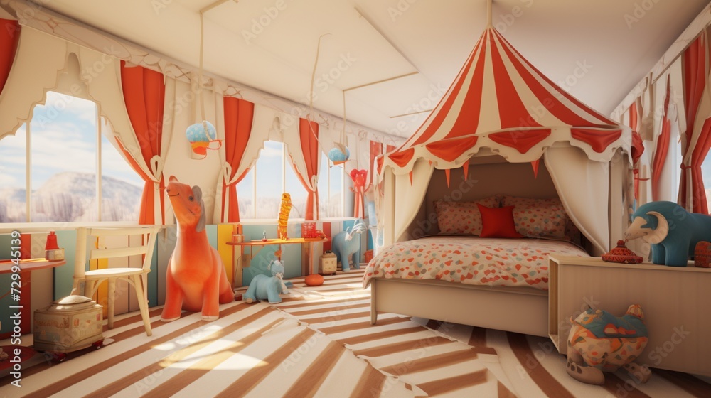 - A circus-themed kids' bedroom with a carousel bed, circus tent decor ...