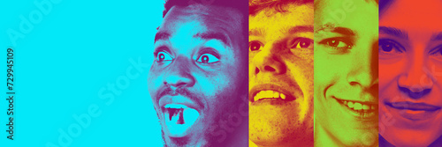 Collage. Close-up cropped faces young people showing expressing emotions, excitement, joy and fun against multicolored background. Duotone. Concept of youth, diversity, human emotions