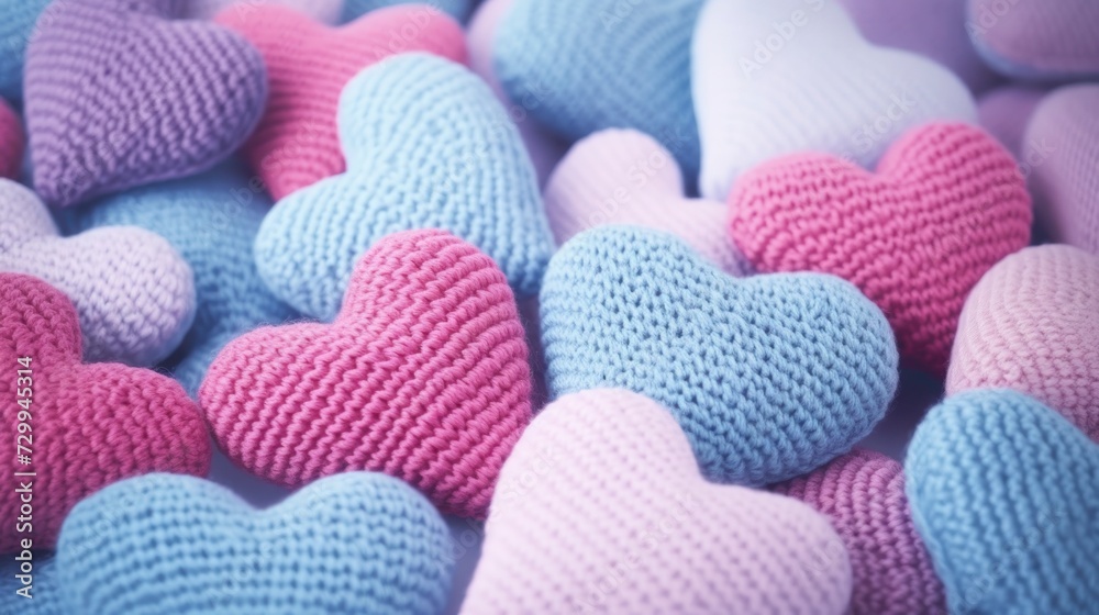 Valentine's day background. Blue and pink knitted hearts Valentine's day background. Blue and pink knitted hearts