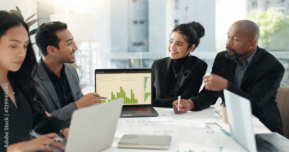 People, collaboration meeting and laptop screen for data analysis, financial report and planning of profit or accounting. Business manager or group review and talk of statistics or growth on computer People, collaboration meeting and laptop screen for data analysis, financial report and planning of profit or accounting. Business manager or group review and talk of statistics or growth on computer