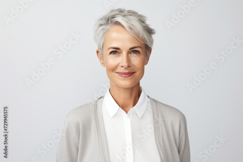 Portrait of smiling senior businesswoman with grey hair, isolated on grey background
