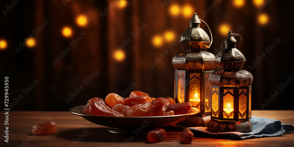 Arabic lanterns and traditional ramadan food on table with copyspace. Ramadan holiday concept.