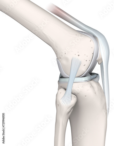 Knee Joint Anatomy. Bones, Menisci, Articular Cartilage And Ligaments. Lateral View. 3D Illustration photo