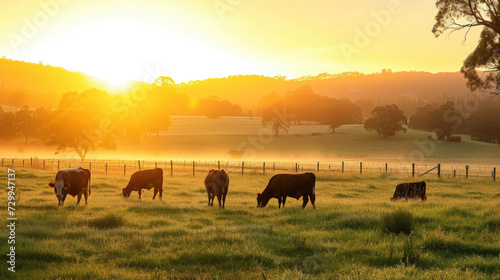 Cows grazing peacefully in the warm sunset glow © Venka