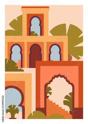 Morocco poster. Moroccan buildings, architecture, vertical card background. A...