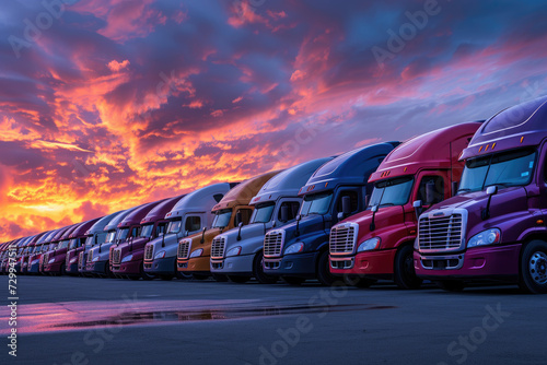 Row of semi trucks parked under evening sky