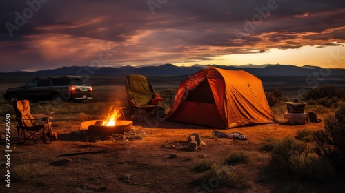 Camping tent in the campground at night with campfire, and car van. Outdoor adventure activity.