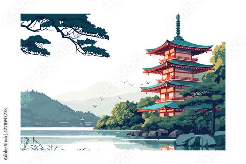 vector illustration of Japanese Traditional Pagoda with Misty Mountain Background