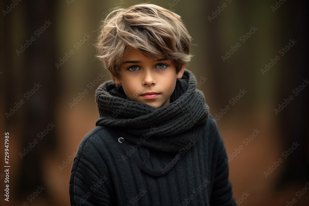portrait of a boy in a black sweater and scarf in the forest portrait of a boy in a black sweater and scarf in the forest