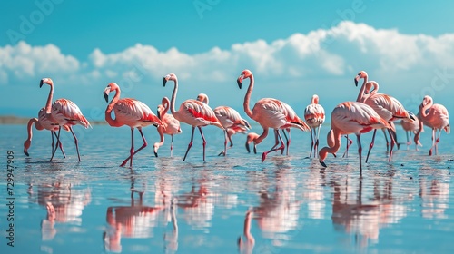 Wild african birds. Group birds of pink african flamingos walking around the blue lagoon on a sunny day. copy space for text.