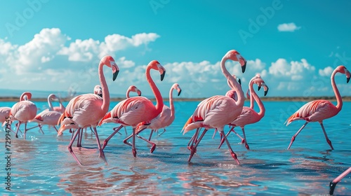 Wild african birds. Group birds of pink african flamingos walking around the blue lagoon on a sunny day. copy space for text.