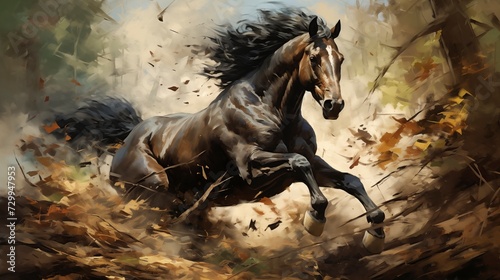 Wild horse racing through the forest  Oil painting