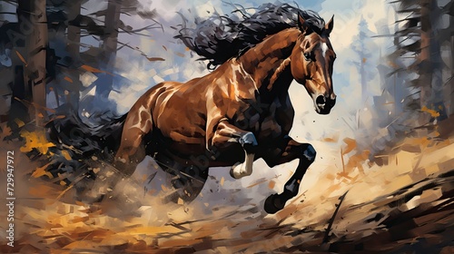 Wild horse racing through the forest, Oil painting