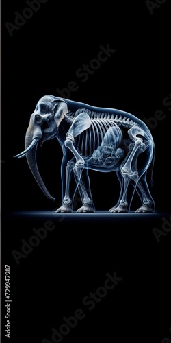 Elephant mammoth full body anatomy X-ray radiography mastadon large mammal scan of bones in body of elephant teeth ancient excavation skull tusk 3d CT scan MRI diagnostic academic banner