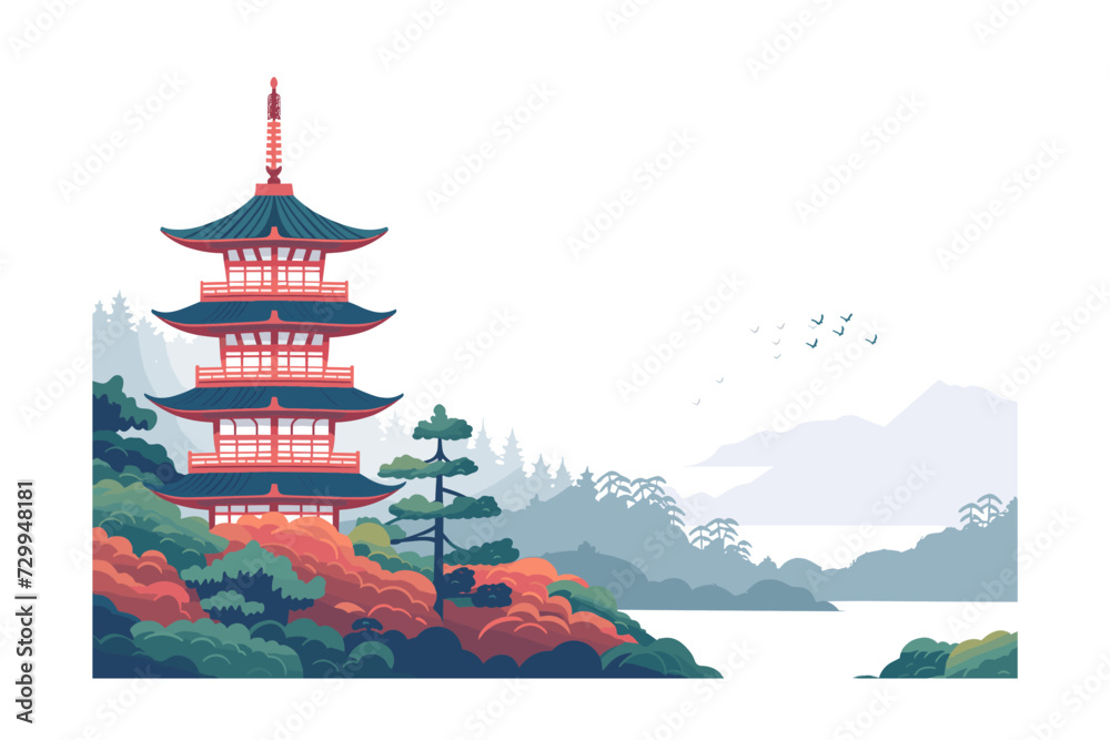 Fototapeta premium vector illustration of Japanese Traditional Pagoda with Misty Mountain Background