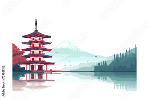 vector illustration of Japanese Traditional Pagoda with Misty Mountain Background