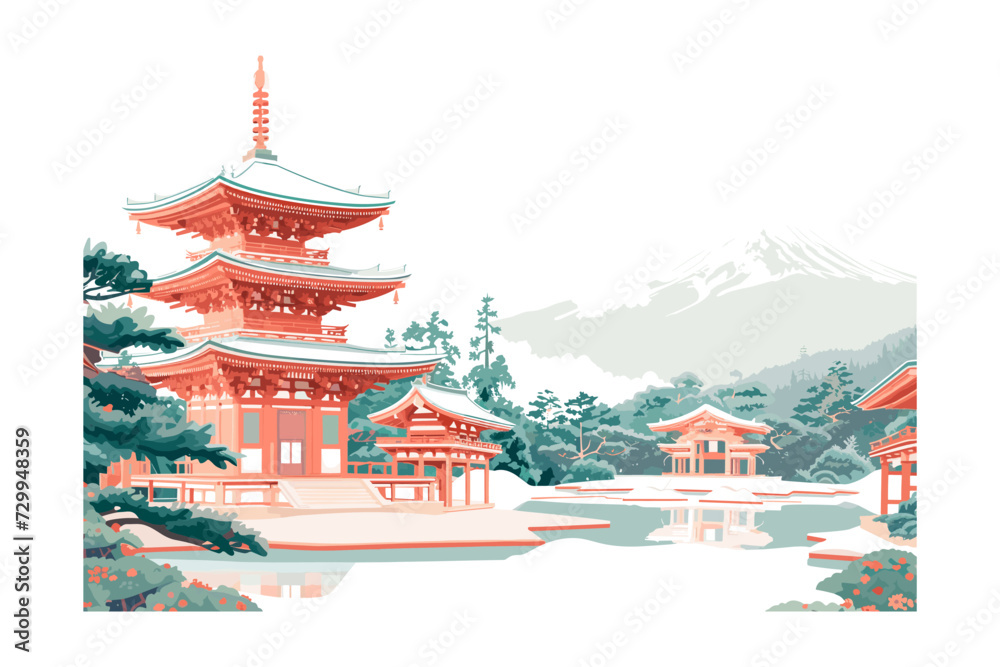 Obraz premium vector illustration of Japanese Traditional Pagoda with Misty Mountain Background