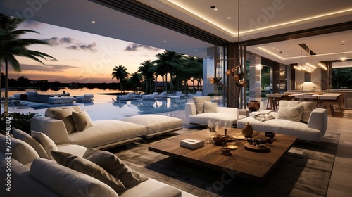 A contemporary luxury living room features an open-concept layout with seamless transitions to a private patio and infinity pool © SELETONOX