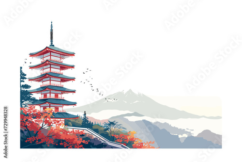 vector illustration of Japanese Traditional Pagoda with Misty Mountain Background