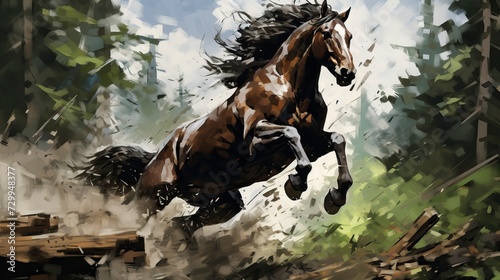 Wild horse racing through the forest, Oil painting