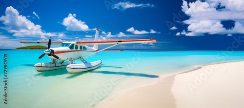 seaplane parked on a sunny tropical beach, luxury tours