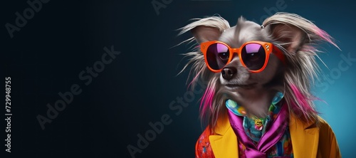 Cool looking Chinese Crested dog wearing funky fashion dress-jacket,tie,suglasses.Banner with space for text.Concept of advertising a product or service (Internet,television,nightclub,technology).
