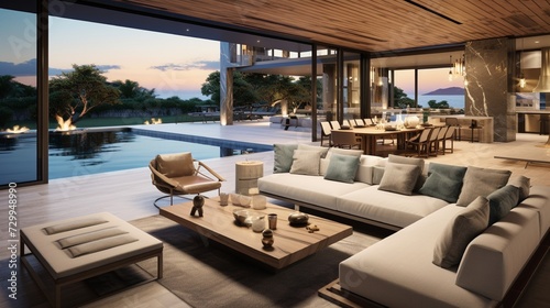 A contemporary luxury living room features an open-concept layout with seamless transitions to a private patio and infinity pool © GraphicaGlory