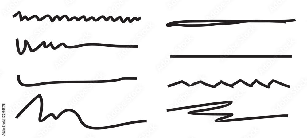 Pen underline line stroke, marker scribble. Hand drawn mark, brush drawn curve. Pen text underline, handwritten doodle elements, lettering emphasis. Vector illustration. Pen underline line stroke, marker scribble. Hand drawn mark, brush drawn curve. Pen text underline, handwritten doodle elements, lettering emphasis. Vector illustration.