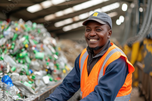 Smiling worker in hi-vis gear at recycling plant