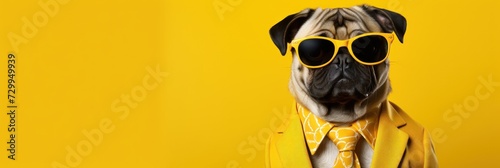 A Pug dog in a fashionable dress-jacket, tie, and sunglasses against a banner background, perfect for advertising services or products.