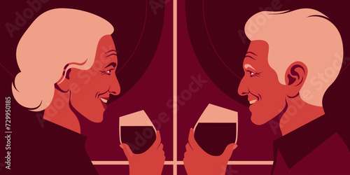 Happy elderly man and woman are holding the glasses of the red wine. Profiles of the sommeliers. Vector flat illustration
