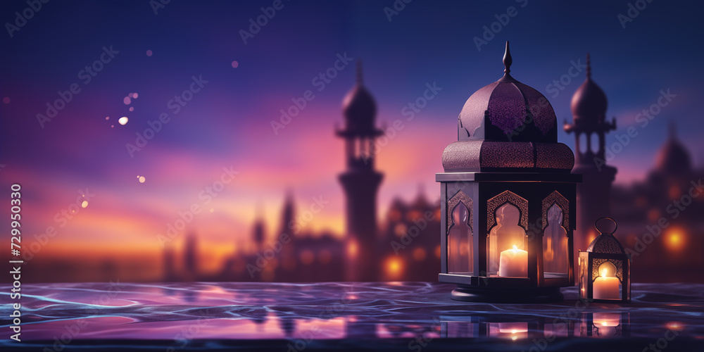 Arabic lanterns with sunset over the mosque in the background. Ramadan holiday concept.