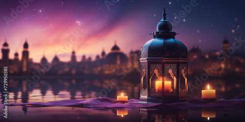 Arabic lantern with sunset over the city in the background and copyspace. Ramadan holiday concept.