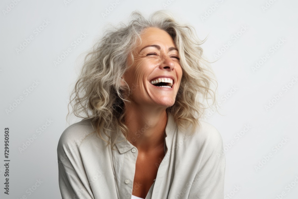 Portrait of a happy senior woman laughing on a gray background. Portrait of a happy senior woman laughing on a gray background.
