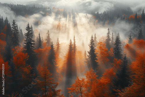 Sunlight piercing through mist in a vibrant autumn forest, creating a mystical and tranquil scenery.