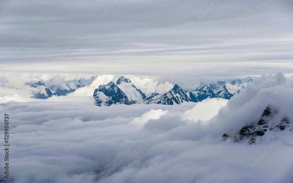 Wonderful minimalist landscape with big snowy mountain peaks above low clouds.