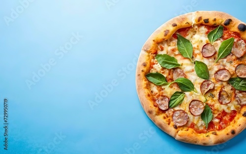 whole pizza fresh hot on a blue background. Top view, flat lay